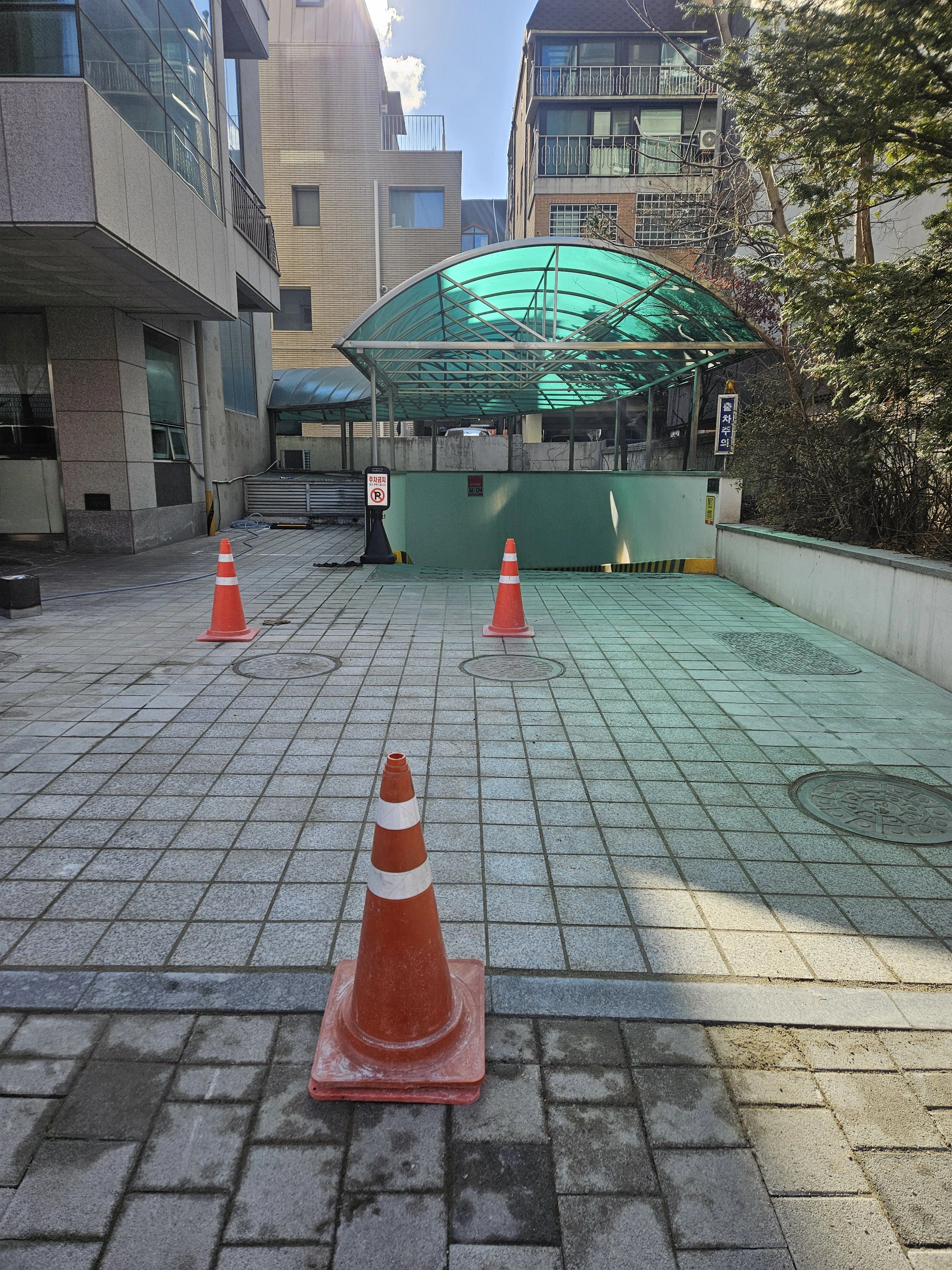 앞서 본 초록 캐노피 램프 앞 마당을 반대 방향에서 담은 사진입니다.