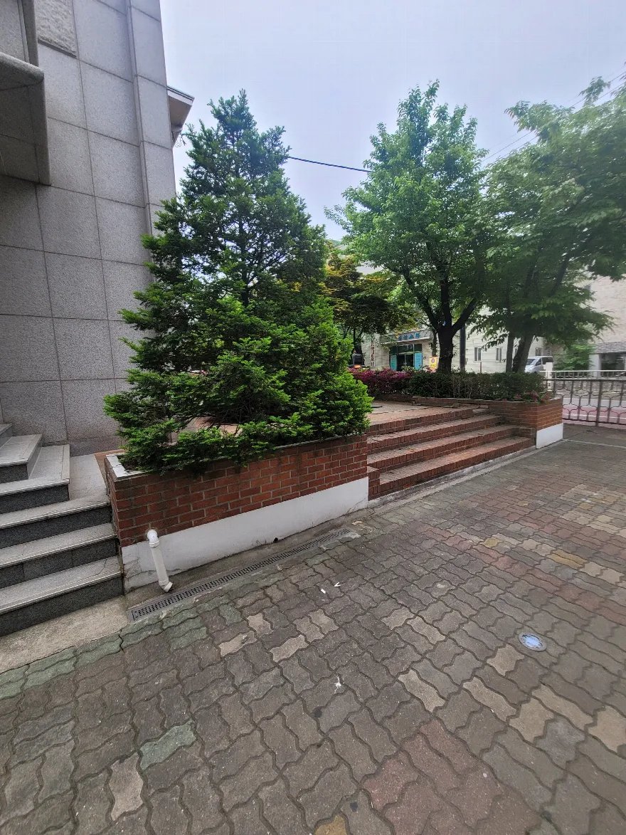 건물 벽과 계단 사이에 자리한 화단이 마감된 모습입니다.