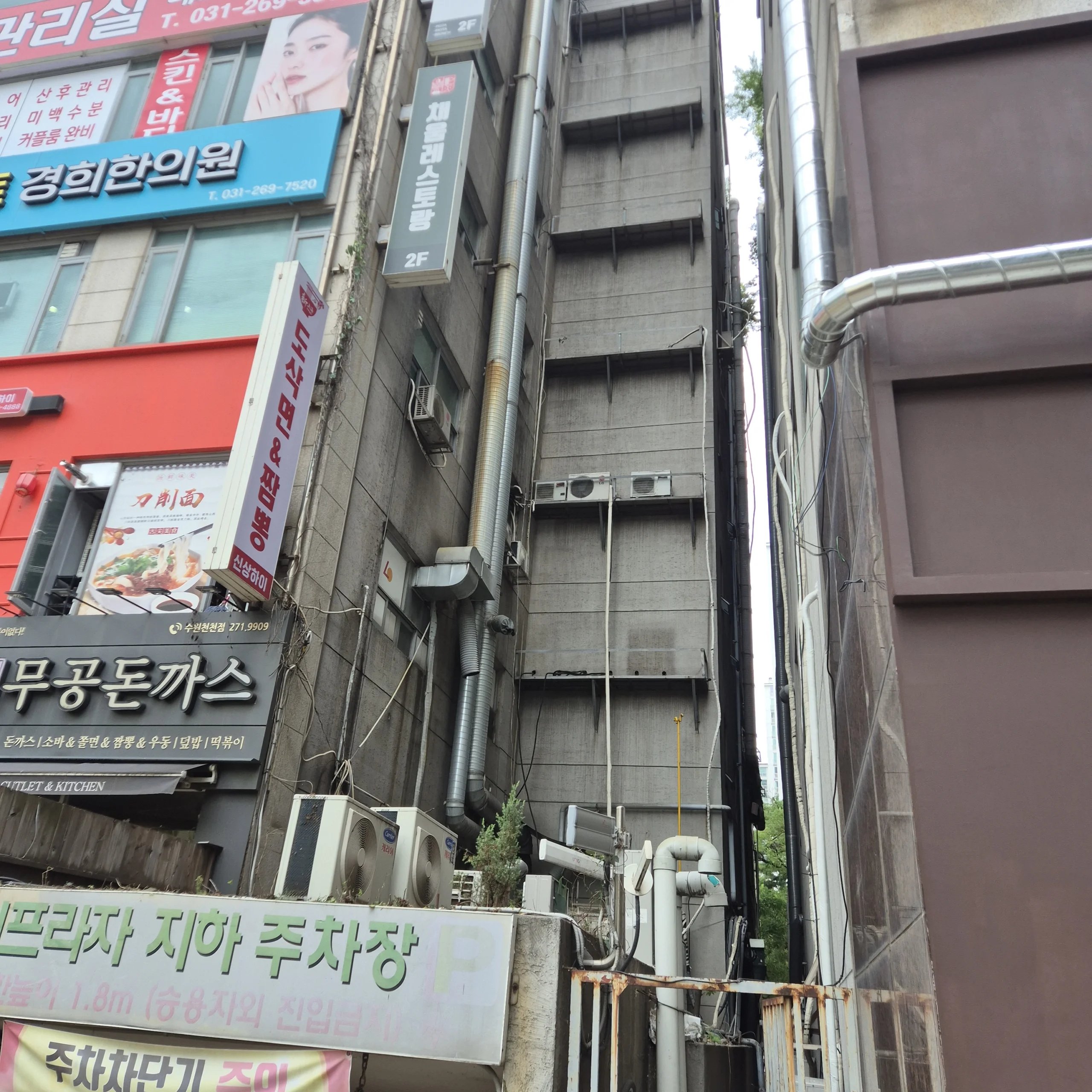 상가 건물 사이 좁은 틈에서 자라던 나무를 잘라낸 뒤의 모습으로 보입니다.