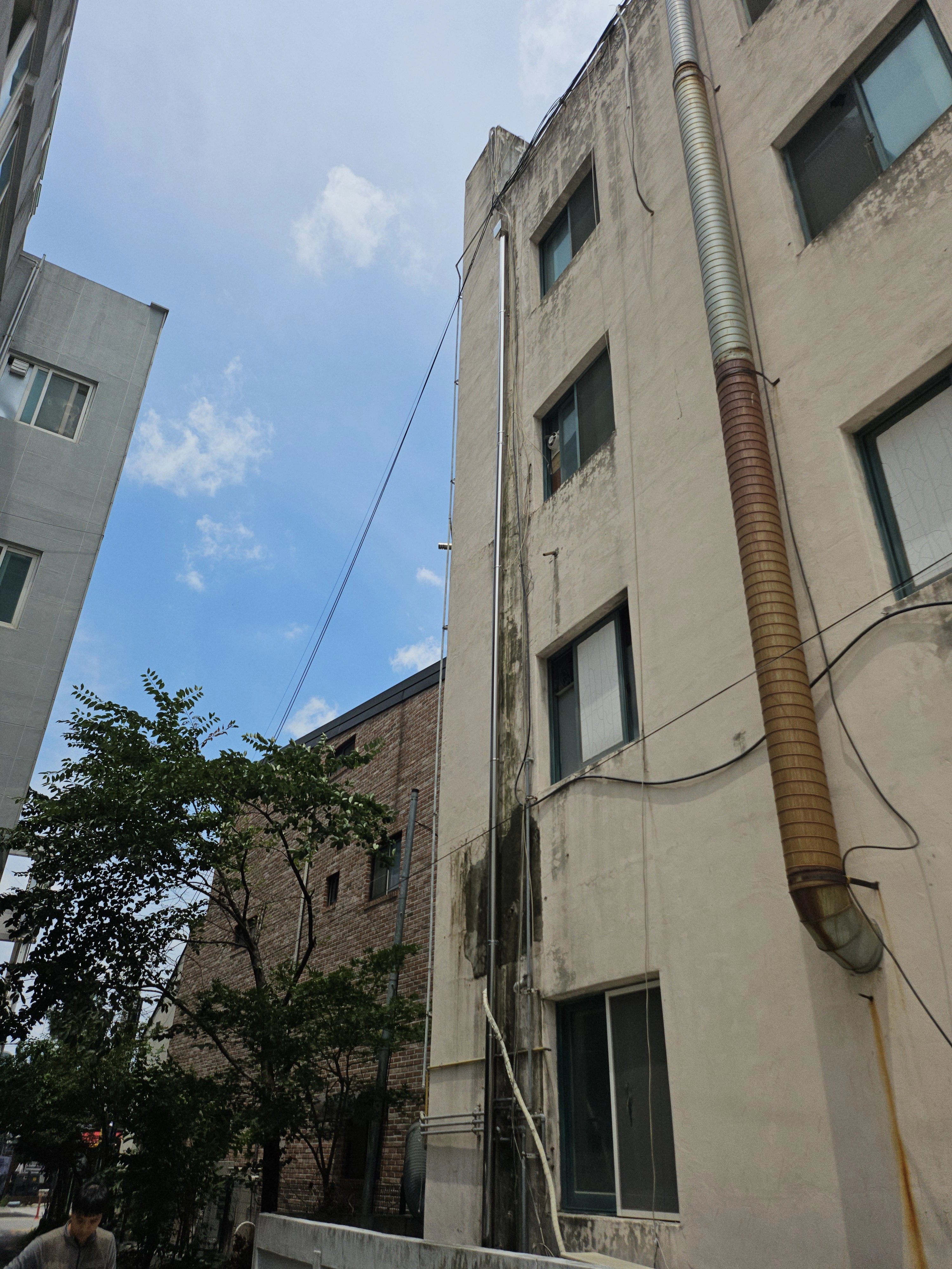 4층 규모 건물 외벽을 따라 세로로 내려오는 배수관을 올려다본 사진입니다.