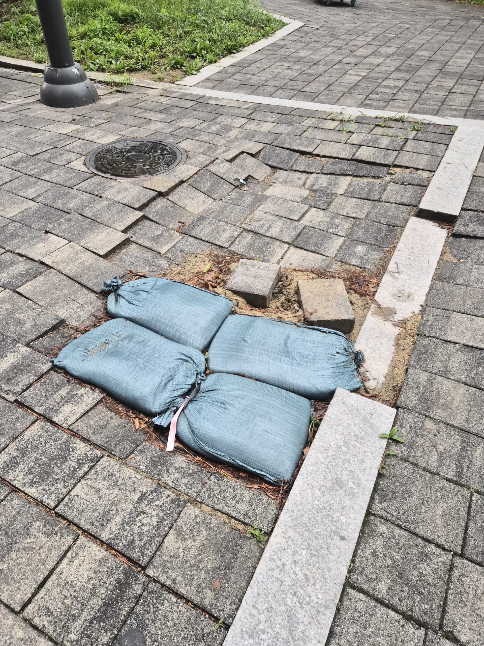보도블럭 일부가 솟아오르고 깨져 단차가 생긴 구간에 파란색 마대를 임시로 올려둔 상태입니다.