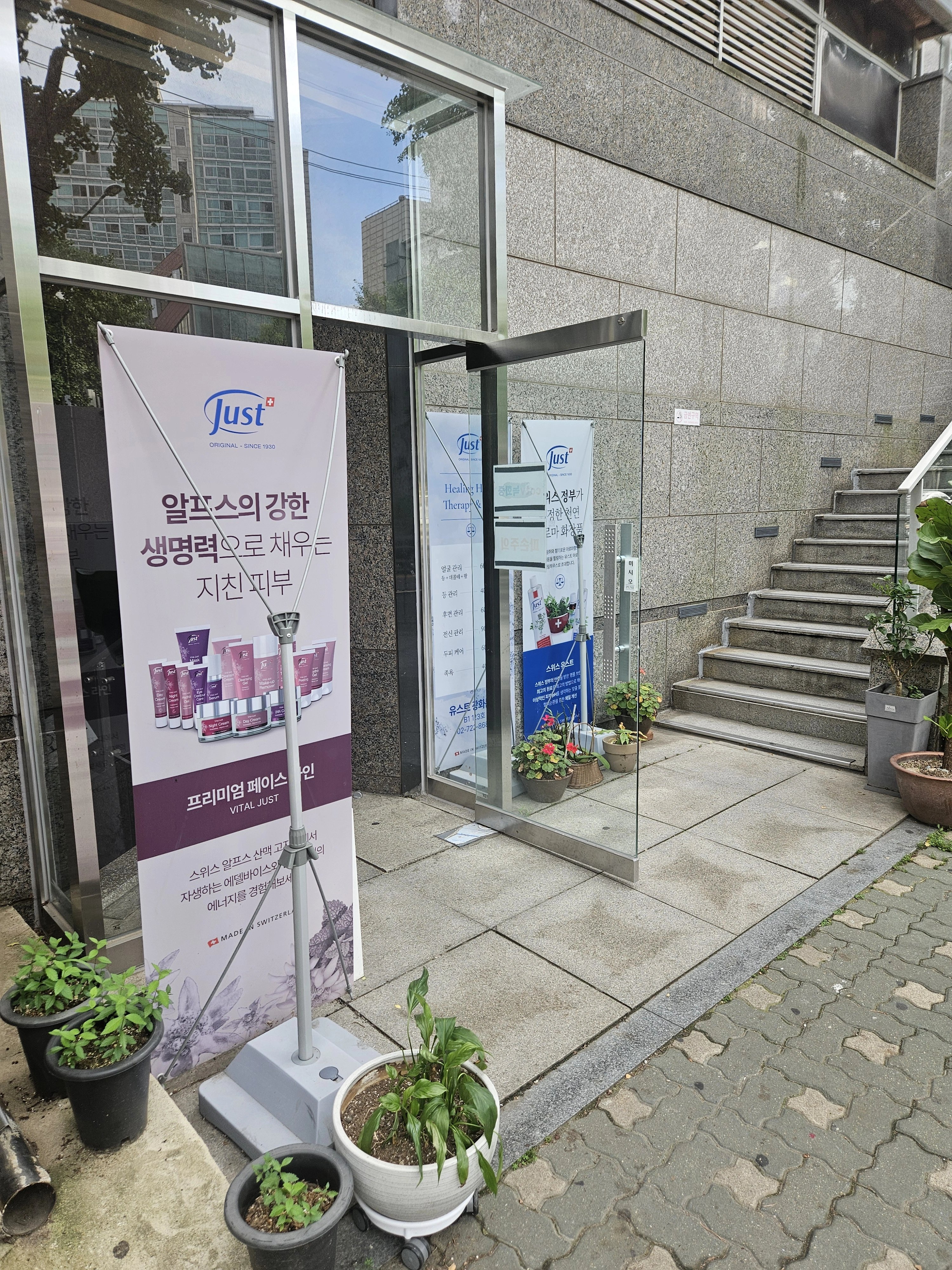 건물 출입구 앞 바닥에 사각 판석(보도블럭 형태)이 깔려 있고, 화분과 입간판이 놓여 있습니다.